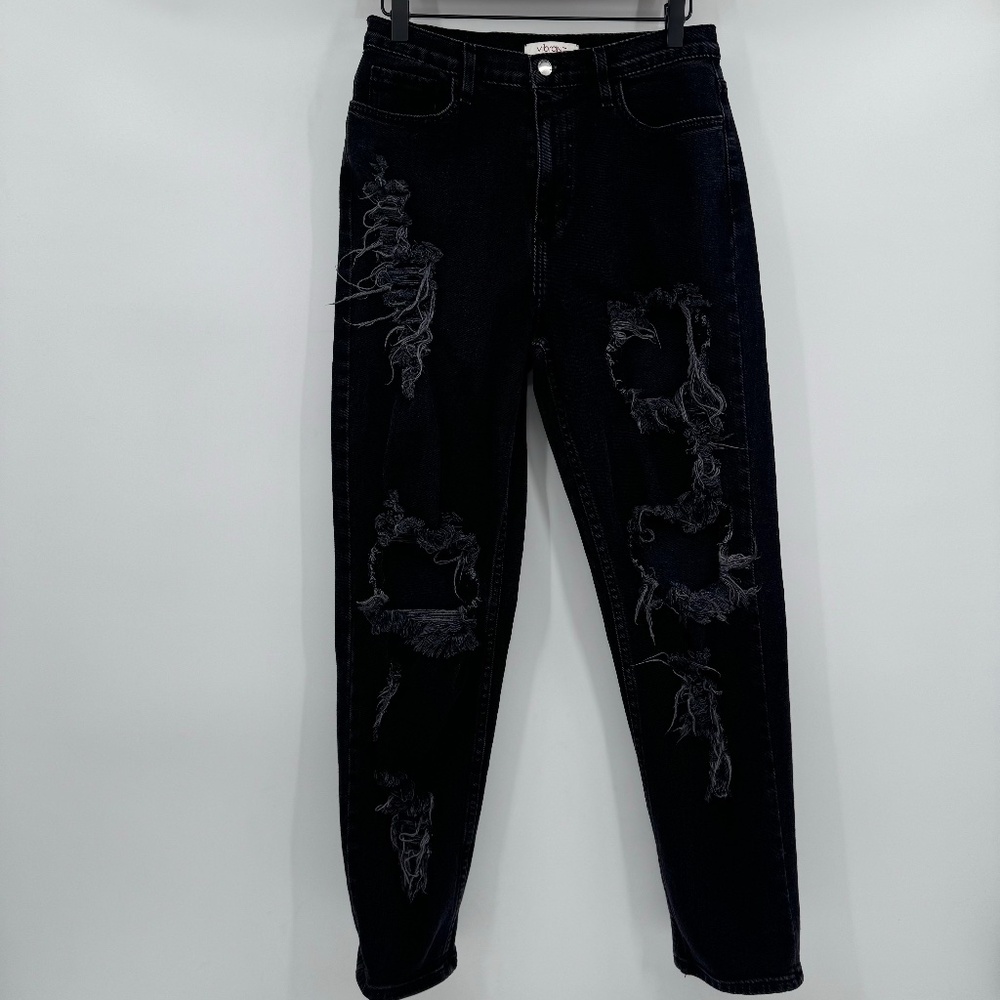 Vibrant MIU Jeans Women 29 Black Destroyed Denim High Rise Grunge Stretch USA